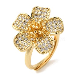 Rack Plating Flower Brass Micro Pave Clear Cubic Zirconia Adjustable Rings, Long-Lasting Plated, Lead Free & Cadmium Free, Golden, US Size 8 1/2(18.5mm)(RJEW-S413-01G)