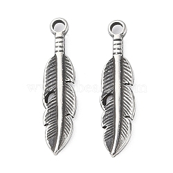 304 Stainless Steel Pendants, Feather Charm, Antique Silver, 21.5x5x1.5mm, Hole: 1.6mm(STAS-L022-399AS)