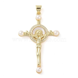 Brass Micro Pave Clear Cubic Zirconia Pendants, with ABS Imitation Pearl, Real 18K Gold Plated, Cross, 43.5x27.5x5mm, Hole: 3.5x4mm(KK-Q813-16H-G)