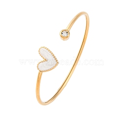 201 Stainless Steel Enamel Cuff Bangles for Women, Heart, with Rhinestone, Gold, White, Inner Diameter: 2x2-3/8 inch(5.2x6cm)(BJEW-F492-01G-01)