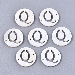 Natural Freshwater Shell Links Connectors, Flat Round with Letter, Letter.Q, 14.5x1.5mm, Hole: 0.9mm(X-SHEL-S276-120Q)