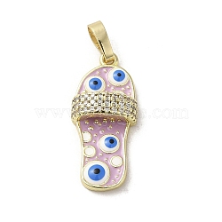 Brass Micro Pave Cubic Zirconia Pendants, with Enamel, Real 18K Gold Plated, Slipper
 with Evil Eye, Lilac, 23x10.5x5mm, Hole: 3.5x5.5mm(KK-E092-18G-04)