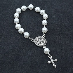 Cross & Saint Benedict Alloy Charm Bracelet, with Plastic Pearl Beads Chains, White, 7-1/8 inch(18cm)(PW-WG03A0B-01)