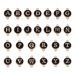 26Pcs Alloy Enamel Letter A~Z Connector Charms, Flat Round Links, Golden, Black, 17x12x2mm, Hole: 1.5mm(FIND-TAC0028-14B)