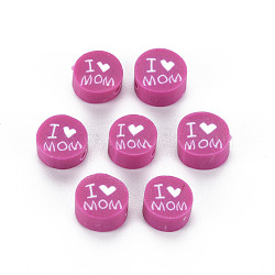 Handmade Polymer Clay Beads, Mother's Day Theme, Flat Round with Word I Love MOM, Medium Violet Red, 8~9.5x3.5~4.5mm, Hole: 1.5mm(X1-CLAY-T019-11G)