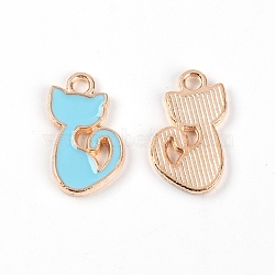 Zinc Alloy Enamel Pendant, Light Gold, Cat, Light Sky Blue, 15x10x1.5mm, Hole: 1.5mm(ENAM-CJC0004-19D)