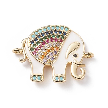 Brass Micro Pave Colorful Cubic Zirconia Connector Charms, with White Enamel, Cadmium Free & Lead Free, Long-Lasting Plated, Elephant, Real 18K Gold Plated, 18x23x4mm, Hole: 1.6mm