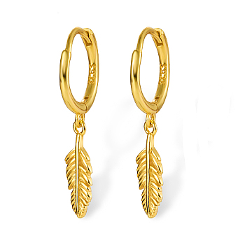 925 Sterling Silver Dangle Hoop Earrings, Feather, with S925 Stamp, Real 18K Gold Plated, 24mm