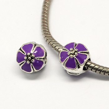 Alloy Enamel Flower Large Hole Style European Beads, Antique Silver, Dark Violet, 10x11mm, Hole: 4mm