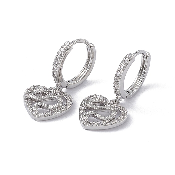 Clear Cubic Zirconia Heart with Snake Dangle Hoop Earrings, Brass Drop Earrings for Women, Platinum, 27mm, Pin: 0.7mm