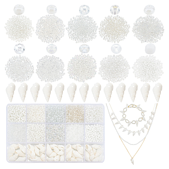 Elite DIY Beads Jewelry Making Finding Kit, Including Round Glass Seed & Natural Trumpet Shell Beads, White, 3370