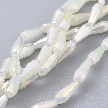 Electroplated Opaque Glass Beads Strands, Full Rainbow Plated, Faceted, Teardrop, White, 9~10x4mm, Hole: 0.8mm, about 70~72pcs/strand, 25.98 inch~27.95 inch(66~71cm)