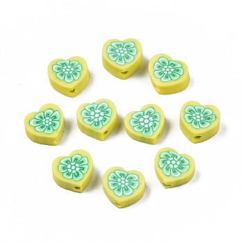 Handmade Polymer Clay Beads, Heart with Flower Pattern, Green Yellow, 9x9~10x4~5mm, Hole: 1.5mm