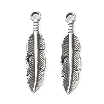 304 Stainless Steel Pendants, Feather Charm, Antique Silver, 21.5x5x1.5mm, Hole: 1.6mm