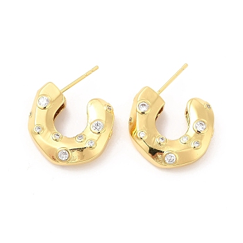 Cubic Zirconia C-shap Stud Earrings, Real 18K Gold Plated Half Hoop Earrings for Women, Cadmium Free & Lead Free, Clear, 20x6mm, Pin: 0.9mm
