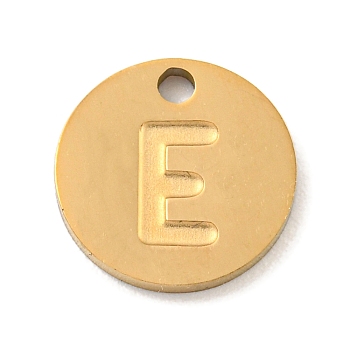 Ion Plating(IP) 304 Stainless Steel Pendants, Laser Cut, Flat Round with Letter Charm, Golden, Letter E, 10x1mm, Hole: 1.4mm