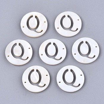 Natural Freshwater Shell Links Connectors, Flat Round with Letter, Letter.Q, 14.5x1.5mm, Hole: 0.9mm