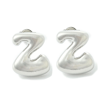 Rack Plating Brass Earrings, Cadmium Free & Lead Free, Long-Lasting Plated, Stud Earrings, Alphabet, Platinum, Letter Z, 14x12mm