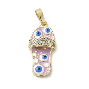 Brass Micro Pave Cubic Zirconia Pendants, with Enamel, Real 18K Gold Plated, Slipper
 with Evil Eye, Lilac, 23x10.5x5mm, Hole: 3.5x5.5mm