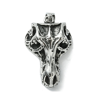 304 Stainless Steel Big Pendants, Wolf Skull Charm, Antique Silver, 52.5x27.5x17mm, Hole: 10x5.5mm