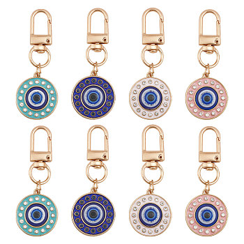 8Pcs 4 Colors Round Evil Eye Rhinestone Enamel Pendant Decorations, with Alloy Findings, for Keychain, Purse, Backpack Ornament, Mixed Color, 62mm, 2pcs/color