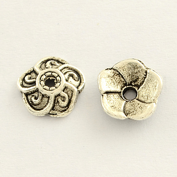 Tibetan Style Zinc Alloy Flower Bead Caps, Cadmium Free & Lead Free, 5-Petal, Antique Silver, 9x3mm, Hole: 2mm, about 2632pcs/1000g