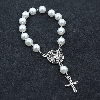 Cross & Saint Benedict Alloy Charm Bracelet, with Plastic Pearl Beads Chains, White, 7-1/8 inch(18cm)