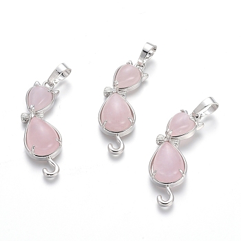 Natural Rose Quartz Kitten Pendants, with Platinum Tone Brass Findings, Cat with Bowknot Shape, 35.5x12x6mm, Hole: 5x7mm