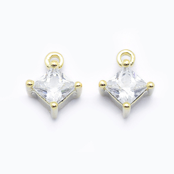 Long-Lasting Plated Brass Cubic Zirconia Charms, Lead Free & Nickel Free, Rhombus, Real 18K Gold Plated, 6.5x5x2.5mm, Hole: 0.8mm