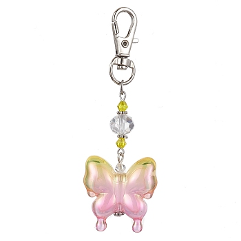 Acrylic Butterfly Pendants Decorations, with Alloy Swivel Lobster Claw Clasps, Platinum, Champagne Yellow, 90mm