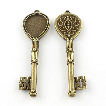 Skeleton Key Tibetan Style Alloy Big Pendant Cabochon Settings, Lead Free & Nickel Free, Antique Bronze, Tray: 18x25mm, 81x22x2.5mm, Hole: 3mm, about 90pcs/1000g