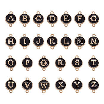 26Pcs Alloy Enamel Letter A~Z Connector Charms, Flat Round Links, Golden, Black, 17x12x2mm, Hole: 1.5mm