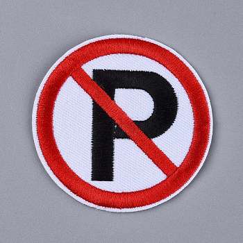 Computerized Embroidery Cloth Iron on/Sew on Patches, Costume Accessories, Prohibitory Sign, No Parking Red Round Sign, White, 72x2mm