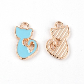 Zinc Alloy Enamel Pendant, Light Gold, Cat, Light Sky Blue, 15x10x1.5mm, Hole: 1.5mm