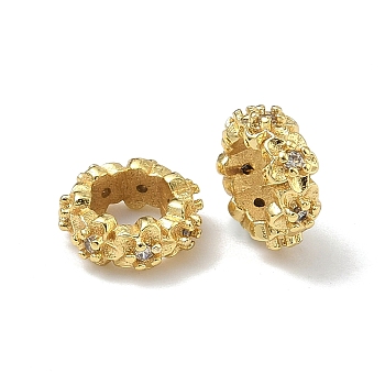 Flower Brass Micro Pave Clear Cubic Zirconia European Beads, Long-Lasting Plated, Rack Plating, Large Hole Bead, Golden, 9.5x4mm, Hole: 5.5mm