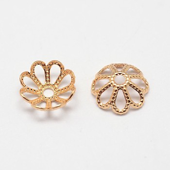 Flower Grade AAA Brass Fancy Bead Caps, Cadmium Free & Nickel Free & Lead Free, Real 18K Gold Plated, 7x3mm, Hole: 1mm