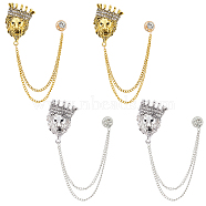 AHADEMAKER 4Pcs 2 Colors Lion with Crown Rhinestone Safety Pin Brooch, Hanging Long Chain Alloy Pin for Suit Shirt Collar, Antique Silver & Antique Golden, 175mm, 2pcs/color(JEWB-GA0001-15)