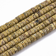 Synthetic Turquoise Beads Strands, Dyed, Heishi Beads, Disc, Goldenrod, 4x1~2mm, Hole: 0.7mm, about 195~213pcs/strand, 14.96 inch~15.31 inch(38~38.9cm)(TURQ-N215-01R)