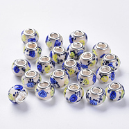 Handmade Lampwork European Beads, Large Hole Beads, with Silver Color Plated Brass Double Cores, Inner Flower Lampwork, Rondelle, Blue, 14x11mm, Hole: 5mm(LAMP-S193-009D)
