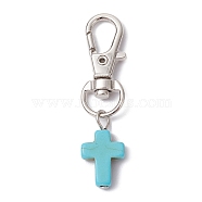 Synthetic Turquoise Cross Pendant Decorations, with Alloy Swivel Lobster Claw Clasps, Turquoise, 50mm(HJEW-JM01531-01)