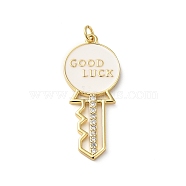 Rack Plating Brass Pave Cubic Zirconia Enamel Pendants, with Jump Ring, Lead Free & Cadmium Free, Real 18K Gold Plated, Long-Lasting Plated, Key with Word Good Luck Charm, White, 38x16x2mm, Hole: 3.4mm(KK-O142-30G)