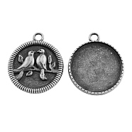 Tibetan Style Alloy Carved Birds Pendant Cabochon Bezel Settings, Cadmium Free & Nickel Free & Lead Free, Antique Silver, Flat Round Tray: 25mm, 32x28x4mm, Hole: 3mm, about 166pcs/kg(TIBEP-M018-13AS-NF)