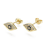 Brass Micro Pave Cubic Zirconia Stud Earrings, with Ear Nuts, Nickel Free, Eye, Blue, Real 16K Gold Plated, 6x11.5mm, Pin: 0.8mm(EJEW-T046-35G-NF)