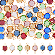 56Pcs 7 Colors Brass Pave Glass Connector Charms, Flat Round Single Stone Links, Light Gold, Mixed Color, 16x9x4mm, Hole: 1.5mm, 8pcs/color(FIND-DC0005-15)