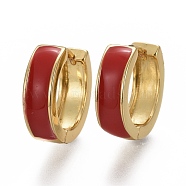 Brass Huggie Hoop Earrings, with Enamel, Long-Lasting Plated, Real 18K Gold Plated, Ring, Dark Red, 13x4mm, Pin: 1mm(EJEW-F260-05D-G)