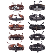 10Pcs 10 Style Alloy Link Bracelets Set, Leater Cord Adjustable Bracelets for Men Women, Mixed Color, Inner Diameter: 2-1/4~3-3/4 inch(5.5~9.5cm), 1Pc/style(BJEW-AN0001-31)