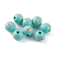 Wood European Beads, Round with Dog Pattern, Turquoise, 16x15mm, Hole: 4.5mm(WOOD-G021-01G)