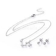 304 Stainless Steel Jewelry Sets, Brass Micro Pave Cubic Zirconia Pendant Necklaces and 304 Stainless Steel Stud Earrings, with Ear Nuts/Earring Back, Twelve Constellations, Clear, Leo, 465x1.5mm(SJEW-F211-01L-P)