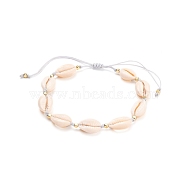 Adjustable Braided Nylon Thread Anklets, with Natural Cowrie Shell Beads and Brass Cube Beads, Golden, 2-3/8~4-3/8 inch(6~11cm)(AJEW-AN00318)