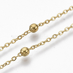 304 Stainless Steel Cable Chains, Satellite Chains, with Round Beads, Soldered, Flat Oval, Golden, 2x1.6x0.3mm, about 39.37 inch(1m)/strand(CHS-S006-JN961-2)